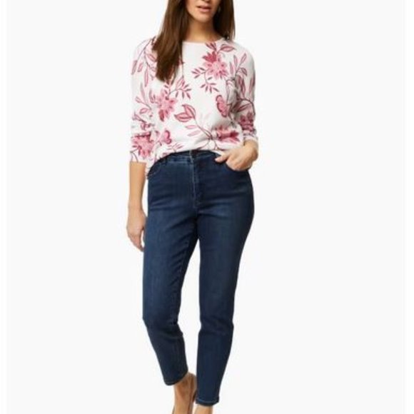 LAURA:  Boat Neck Floral Motif Sweater - white with fushia print - Picture 4 of 8